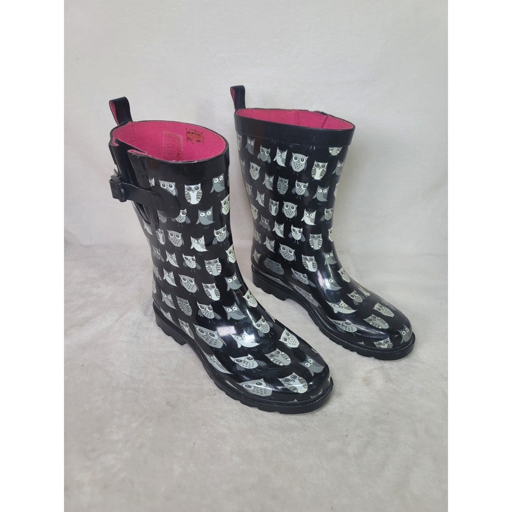 Capelli  Black Owl Print Rain Boots Mid Calf Waterproof Size 9 Gorpcore Garden